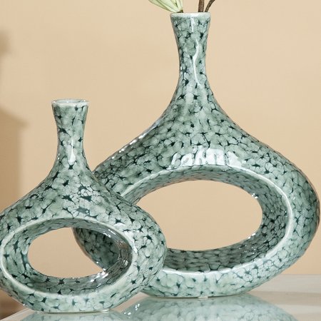 Lochvasen Batik hellgrün dunkelgrün breite Form Handarbeit Gilde Keramik Collection
