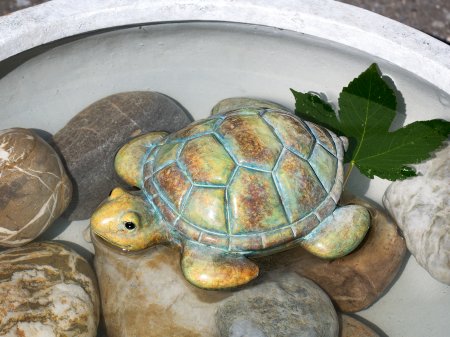 Teichdekoration Schildkröte Keramik Teichfigur wetterfest braun grün sandfarben