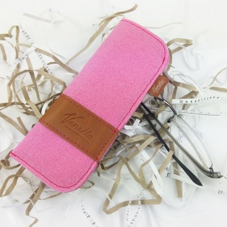 Hülle rosa, Etui Brille Filz Echtleder Farbe Pink Innenfutter handgemacht