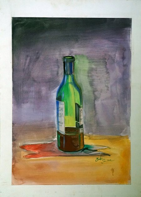 Wandgestaltung Gemälde "A bottle of wine" handgemalt Aquarell Papier Holzfaser